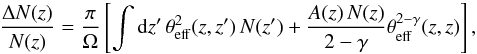 \begin{equation} \label{eq:zdistratio} \frac{\Delta N(z)}{N(z)} = \frac{\pi}{\Omega}\left[ \int\mathrm{d} z'\,\theta_{\rm eff}^2(z,z')\,N(z') + \frac{A(z)\,N(z)}{2-\gamma} \theta_{\rm eff}^{2-\gamma}(z,z) \right], \end{equation}