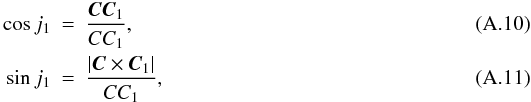 \appendix \setcounter{section}{1} \begin{eqnarray} \cos j_1&=&\frac{\vec{C}\vec{C}_1}{CC_1}, \\ \sin j_1&=&\frac{|\vec{C}\times\vec{C}_1|}{CC_1}, \end{eqnarray}