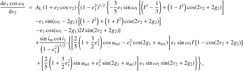 \appendix \setcounter{section}{2} \begin{eqnarray} \frac{\mathrm{d}{e_1\cos\omega_1}}{\mathrm{d}{v_2}}&=&A_\mathrm{L}\left(1+e_2\cos v_2\right)\left\{(1-e_1^2)^{1/2}\left\{-\frac{3}{5}e_1\sin\omega_1\left[\left(I^2-\frac{1}{3}\right)+\left(1-I^2\right)\cos(2v_2+2g_2)\right]\right.\right. \nonumber \\ &&-e_1\sin(\omega_1-2g_1)\left[\left(1-I^2\right)+\left(1+I^2\right)\cos(2v_2+2g_2)\right] \nonumber \\ &&\left.-e_1\cos(\omega_1-2g_1)2I\sin(2v_2+2g_2)\right\}\nonumber \\ &&+\frac{\sin i_\mathrm{m}\cot i_1}{\left(1-e_1^2\right)^{1/2}}\left\{\left[\frac{2}{5}\left(1+\frac{3}{2}e_1^2\right)\cos u_\mathrm{m1}-e_1^2\cos(2g_1+u_\mathrm{m1})\right]e_1\sin\omega_1I\left[1-\cos(2v_2+2g_2)\right]\right. \nonumber \\ &&\left.\left.+\left[\frac{2}{5}\left(1+\frac{3}{2}e_1^2\right)\sin u_\mathrm{m1}+e_1^2\sin(2g_1+u_\mathrm{m1})\right]e_1\sin\omega_1\sin(2v_2+2g_2)\right\}\right\}, \end{eqnarray}