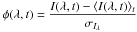 \hbox{$ \phi(\lambda,t)= \displaystyle \frac{I(\lambda, t)- \langle {I(\lambda,t)}\rangle_t}{\sigma_{I_\lambda}} $}