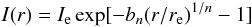 \begin{equation} I(r) = I_{\rm e}\, {\rm exp} [-b_n(r/r_{\rm e})^{1/n}-1] \end{equation}