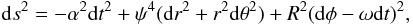 \begin{equation} {\rm d}s^2 = -\alpha^2{\rm d}t^2+\psi^4 ({\rm d}r^2+r^2{\rm d}\theta^2) + R^2({\rm d}\phi -\omega {\rm d}t)^2, \label{eq:qisotropic} \end{equation}