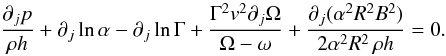 \begin{equation} \frac{\partial_j p}{\rho h} + \partial_j \ln\alpha - \partial_j \ln\Gamma +\frac{\Gamma^2 v^2\partial_j\Omega}{\Omega-\omega} + \frac{\partial_j (\alpha^2R^2B^2)}{2\alpha^2R^2 \,\rho h} =0. \end{equation}