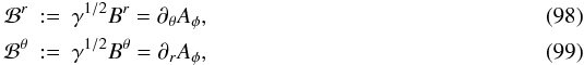 \begin{eqnarray} \mathcal{B}^r&:=&\gamma^{1/2}B^r = \partial_\theta A_\phi, \\ \mathcal{B}^\theta&:=&\gamma^{1/2}B^\theta = \partial_r A_\phi, \end{eqnarray}