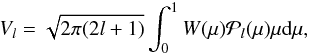 \begin{equation} V_l = \sqrt{2\pi(2l+1)}\int_0^1 W(\mu) {\cal P}_l(\mu) \mu {\rm d}\mu,\label{eq:vistheo} \end{equation}