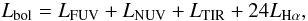 \begin{equation} L_{\rm bol}=L_{\rm FUV}+L_{\rm NUV}+L_{\rm TIR}+24 L_{\rm H\alpha}, \end{equation}