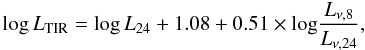 \begin{equation} \log L_{\rm TIR}=\log L_{24} + 1.08 + 0.51\times {\hbox{log}} {L_{\nu,8} \over L_{\nu,24}}, \end{equation}