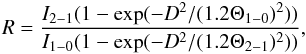 \begin{equation} R={I_{2-1} (1-\exp(-D^2/(1.2\Theta_{1-0})^2))\over I_{1-0} (1-\exp(-D^2/(1.2\Theta_{2-1})^2))}, \end{equation}