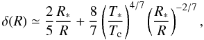 \begin{equation} \delta(R) \simeq \frac{2}{5}\frac{R_*}{R} + \frac{8}{7} \left(\frac{T_*}{T_{\rm c}}\right)^{4/7} \left(\frac{R_*}{R}\right)^{-2/7}, \label{eq:grazing-angle} \end{equation}