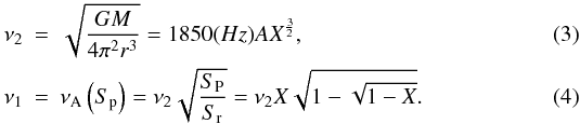 \begin{eqnarray} \label{upper}\nu_2 &=& \sqrt{\frac{GM}{4\pi^2r^3}} = 1850 (Hz) AX^{\frac{3}{2}},\\ \label{lower}\nu_1 &=& \nu_{\rm A}\left(S_{\rm p}\right) = \nu_2\sqrt{\frac{S_{\rm P}}{S_{\rm r}}} = \nu_2 X \sqrt{1-\sqrt{1-X}}. \end{eqnarray}
