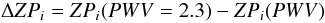 \begin{equation} \Delta ZP_i = ZP_i(PWV=2.3) - ZP_i(PWV) \end{equation}