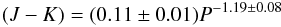 \begin{equation} (J-K) = (0.11 \pm 0.01) P^{-1.19 \pm 0.08} \end{equation}