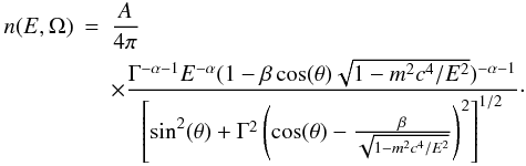 \begin{eqnarray} \label{final} n(E,\Omega) &=& \frac{ A}{4\pi} \\ &&\times \frac{ \Gamma^{-\alpha-1} E^{-\alpha} (1-\beta \cos(\theta) \sqrt{1-m^2 c^4/E^2})^{-\alpha-1} } { \left[ \sin^2 (\theta) + \Gamma^2 \left( \cos(\theta) - \frac{ \beta }{ \sqrt {1 - m^2c^4 / E^2} } \right)^2 \right]^{1/2} }\cdot \nonumber \end{eqnarray}