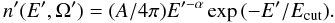 \begin{equation} n'(E',\Omega') = (A/4\pi) E'^{-\alpha} \exp{(-E'/E_{\rm cut})}. \label{n-cut} \end{equation}