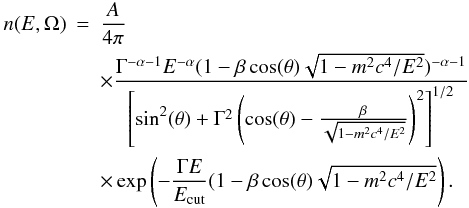 \begin{eqnarray} \label{final-cut} n(E,\Omega) &=& \frac{ A}{4\pi} \\ && \times \frac{ \Gamma^{-\alpha-1} E^{-\alpha} (1-\beta \cos(\theta) \sqrt{1-m^2 c^4/E^2})^{-\alpha-1} } { \left[ \sin^2 (\theta) + \Gamma^2 \left( \cos(\theta) - \frac{ \beta }{ \sqrt {1 - m^2c^4 / E^2} } \right)^2 \right]^{1/2} } \nonumber \\ && \times \exp \left( -\frac{\Gamma E } {E_{\rm cut}} (1-\beta \cos(\theta) \sqrt{1- m^2c^4/E^2} \right). \nonumber \end{eqnarray}