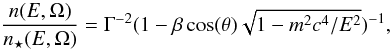 \begin{equation} \frac{n(E,\Omega) } { n_\star(E,\Omega) } = \Gamma^{-2} (1-\beta \cos(\theta) \sqrt{1-m^2 c^4/E^2})^{-1}, \label{comp} \end{equation}