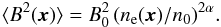 \begin{equation} \label{eq:magneticprofile} {\langle B^2(\vec{x})\rangle =B^2_0\, (n_{\rm e}(\vec{x})/n_0)^{2\alpha}}. \end{equation}