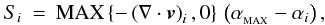 \begin{eqnarray} \label{EQN:TDSOURCE} S\ssi&=&{\rm MAX}\left\{-\left(\nabla\cdot{\vec v}\right)\ssi,0\right\}\,\left(\alpha_{_{\rm MAX}}-\alpha\ssi\right), \end{eqnarray}