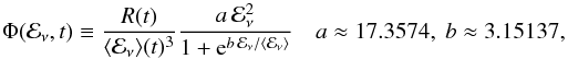 \begin{equation} \label{FD-spectrum} \Phi(\mathcal{E}_{\nu},t) \equiv \frac{R(t)}{\langle \mathcal{E}_{\nu} \rangle(t)^3 } \frac{a \, \mathcal{E}_{\nu}^2}{1+{\rm e}^{b \, \mathcal{E}_{\nu}/\langle \mathcal{E}_{\nu} \rangle}} \quad a\approx17.3574, \; b \approx 3.15137, \end{equation}
