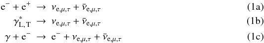 % subequation 920 0 \begin{eqnarray} \label{pair} {\rm e}^{-} + {\rm e}^{+} &\to& \nu_{{\rm e}, \mu, \tau} + \bar{\nu}_{{\rm e}, \mu, \tau} \\ \label{plasma} \gamma^\ast_{\rm L,\,T} &\to& \nu_{{\rm e}, \mu, \tau} + \bar{\nu}_{{\rm e}, \mu, \tau} \\ \label{photo} \gamma + {\rm e}^{-} &\to& {\rm e}^{-} + \nu_{{\rm e}, \mu, \tau} + \bar{\nu}_{{\rm e}, \mu, \tau} \end{eqnarray}