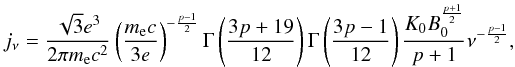 \appendix \setcounter{section}{1} \begin{equation} j_\nu=\frac{\sqrt{3} e^3}{2\pi m_{\rm e} c^2}\left(\frac{m_{\rm e} c}{3e}\right)^{-\frac{p-1}{2}}\Gamma\left(\frac{3p+19}{12}\right)\Gamma\left(\frac{3p-1}{12}\right) \frac{K_0 B_0^{\frac{p+1}{2}} }{p+1}\nu^{-\frac{p-1}{2}}, \end{equation}