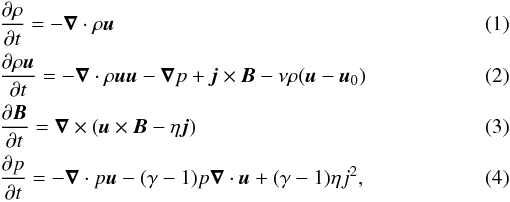 \begin{eqnarray} && \frac{\partial \rho}{\partial t} = - \vec \nabla \cdot \rho \vec u \\ &&\frac{\partial \rho \vec u}{\partial t} = -\vec \nabla \cdot \rho \vec u \vec u - \vec \nabla p + \vec j \times \vec B - \nu \rho (\vec u - \vec u_{0}) \\ &&\frac{\partial \vec B}{\partial t} = \vec \nabla \times (\vec u \times \vec B - \eta \vec j)\\ &&\frac{\partial p}{\partial t} = - \vec \nabla \cdot p \vec u - (\gamma -1) p \vec \nabla \cdot \vec u + (\gamma -1) \eta j^{2}, \end{eqnarray}