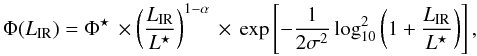 \begin{equation} \label{eq:lf} \Phi(L_{\rm IR}) = \Phi^\star \, \times \left( \frac{L_{\rm IR}}{L^\star}\right)^{1-\alpha} \, \times \, \exp \left[ -\frac{1}{2\sigma^2} \log_{10}^2\left(1+\frac{L_{\rm IR}}{L^\star}\right) \right], \end{equation}