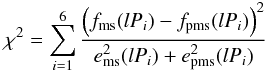 \begin{equation} \chi^2 = \sum_{i=1}^6 {\left(f_{\rm ms}(lP_i)-f_{\rm pms}(lP_i)\right)^2 \over e_{\rm ms}^2(lP_i) + e_{\rm pms}^2(lP_i)} \label{eqn:chi2_can} \end{equation}