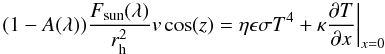 \begin{equation} \label{model_equation} (1-A(\lambda)) \frac{F_{\rm sun}(\lambda)}{r_{\rm h}^2} v \cos(z) = \eta \epsilon \sigma T^4 + \kappa \frac{\partial T}{\partial x}\bigg|_{x=0} \end{equation}