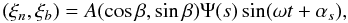 \begin{equation} (\xi_n,\xi_b) = A(\cos\beta,\sin\beta)\Psi(s)\sin(\omega t + \alpha_s), \label{eq:6.15} \end{equation}