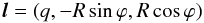 \begin{equation} \vec{l} = (q,-R\sin\varphi,R\cos\varphi) \label{eq:3.1} \end{equation}