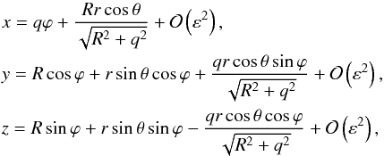 \begin{equation} \begin{array}{l}\displaystyle x = q\varphi + \frac{Rr\cos\theta}{\sqrt{R^2 + q^2}} + {\cal O}\left(\varepsilon^2\right) ,\vspace*{1mm}\\ \displaystyle y = R\cos\varphi + r\sin\theta\cos\varphi + \frac{qr\cos\theta\sin\varphi}{\sqrt{R^2 + q^2}} + {\cal O}\left(\varepsilon^2\right) , \vspace*{1.5mm}\\ \displaystyle z = R\sin\varphi + r\sin\theta\sin\varphi - \frac{qr\cos\theta\cos\varphi}{\sqrt{R^2 + q^2}} + {\cal O}\left(\varepsilon^2\right) , \end{array} \label{eq:3.17} \end{equation}