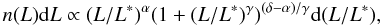 \begin{equation} n (L) \mathrm{d}L \propto (L/L^{*})^\alpha (1 + (L/L^{*})^\gamma)^{(\delta-\alpha)/\gamma} \mathrm{d}(L/L^{*}), \label{eq:lf_dpl} \end{equation}