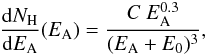 \begin{eqnarray} \frac{{\rm d}N_{\rm H}}{{\rm d}E_{\rm A}}(E_{\rm A}) = \frac{C\ E_{\rm A}^{0.3}}{(E_{\rm A}+E_0)^3}, \end{eqnarray}
