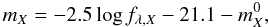 \begin{equation} m_X=-2.5\log f_{\lambda,X}-21.1-m_X^0, \label{eq:magnitude} \end{equation}