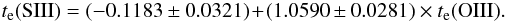 \begin{eqnarray} {t}_{\rm e}({\rm SIII}) = (-0.1183\pm0.0321) \!+\! (1.0590\pm0.0281)\times {t}_{\rm e}({\rm OIII}). \label{tSIII} \end{eqnarray}
