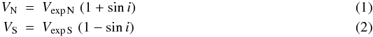 \begin{eqnarray} V_{\rm N} & = & V_{\rm exp\, N} \,\, (1+\sin i) \\ \label{F-dustv} V_{\rm S} & = & V_{\rm exp\, S} \,\, (1-\sin i) \end{eqnarray}
