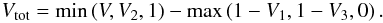 \begin{eqnarray} V_{\mathrm{tot}} = \min\left(V, V_2, 1\right) - \max\left(1-V_1, 1-V_3, 0\right). \label{eq:V_total} \end{eqnarray}