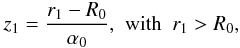 \appendix \setcounter{section}{2} \begin{eqnarray} \label{eq:cone1} z_1 = \frac{r_1-R_0}{\alpha_0}, & \mbox{with}& r_1>R_0, \end{eqnarray}