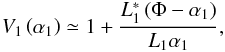 \appendix \setcounter{section}{2} \begin{equation} V_1\left(\alpha_1\right) \simeq 1+ \frac{L_1^*\left(\Phi-\alpha_1\right)}{L_1\alpha_1}, \label{eq:V1} \end{equation}