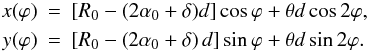 \appendix \setcounter{section}{2} \begin{eqnarray} x(\varphi) &=& \left[R_0-(2\alpha_0+\delta)d\right]\cos\varphi+\theta d \cos2\varphi,\nonumber\\ y(\varphi) &=& \left[R_0-\left(2\alpha_0+\delta\right)d\right]\sin\varphi+\theta d \sin2\varphi.\nonumber \\[-1.03cm] &&\nonumber \end{eqnarray}