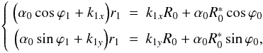\appendix \setcounter{section}{2} \begin{equation} \left\{\begin{array}{ccc} \Big(\alpha_0\cos\varphi_1+k_{1x}\Big)r_1 &=& k_{1x}R_0+\alpha_0R_0^*\cos\varphi_0 \\[1.5mm] \Big(\alpha_0\sin\varphi_1+k_{1y}\Big)r_1 &=& k_{1y}R_0+\alpha_0R_0^*\sin\varphi_0, \end{array}\right. \label{eq:V2_eqs} \end{equation}