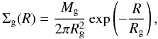\begin{equation} \label{eq_gas} \Sigma_{\rm g}(R)= \displaystyle\frac{M_{\rm g}}{2 \pi R_{\rm g}^2} \exp\left(-\frac{R}{R_{\rm g}}\right) , \end{equation}