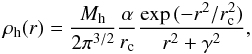 \begin{equation} \rho_{\rm h}(r) = \frac{M_{\rm h}}{2 \pi^{3/2}} \frac{\alpha}{r_{\rm c}} \frac{\exp{(-r^{2}/r_{\rm c}^{2})}}{r^{2}+\gamma^{2}}, \end{equation}