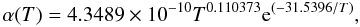 \begin{equation} \alpha (T) = 4.3489\times10^{-10}T^{0.110373} {\rm e}^{(-31.5396/T)}, \end{equation}