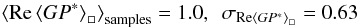 \begin{eqnarray*} \left<\mathrm{Re}\left<GP^*\right>_{\square}\right>_\mathrm{samples}=1.0,~~\sigma_{\mathrm{Re}\left<GP^*\right>_{\square}}=0.63 \end{eqnarray*}