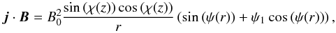 \begin{equation} \vec{j}\cdot\vec{B}=B_0^2\frac{\sin\left(\chi(z)\right)\cos\left(\chi(z)\right)}{r}\left(\sin\left(\psi(r)\right)+\psi_1\cos\left(\psi(r)\right)\right), \label{eq:current-helicity-WMAP} \end{equation}
