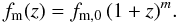 \begin{equation} f_{\rm m}(z) = f_{\rm m,0}\,(1+z)^{m}.\label{fmz} \end{equation}