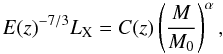 \begin{equation} E(z)^{-7/3}L_{\rm X}=C(z)\left(\frac{M}{M_0}\right)^\alpha, \label{eq:mlrel} \end{equation}