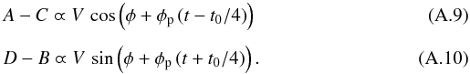 \appendix \setcounter{section}{1} \begin{eqnarray} && A - C \varpropto V\,\cos \left(\phi+\phi_{\rm p}\left(t - t_0/4\right)\right) \\[1.5mm] && D -B \varpropto V\,\sin \left(\phi+\phi_{\rm p}\left(t + t_0/4\right)\right) . \end{eqnarray}